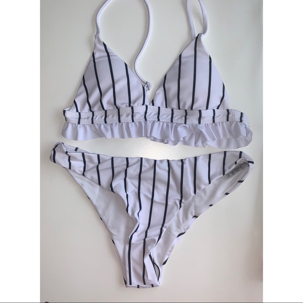 Shein Striped Ruffle Trim High Cut Bikini NWOT - S